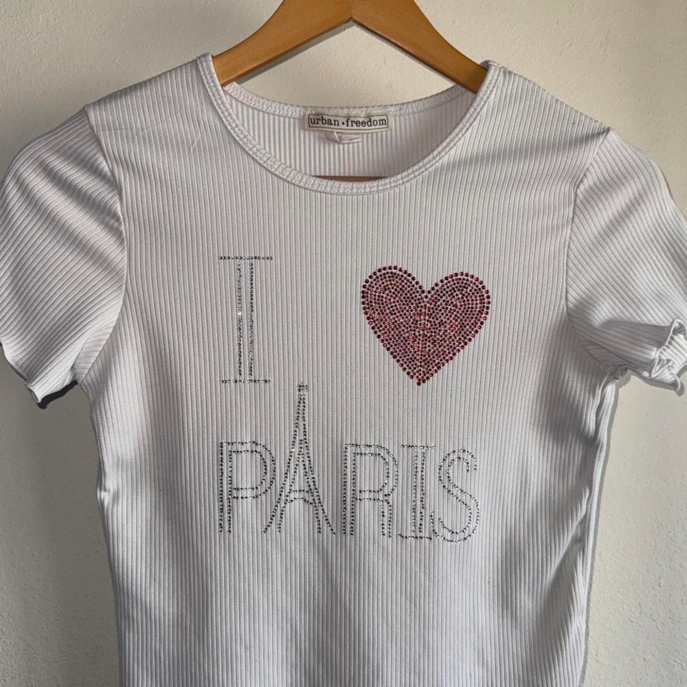 Urban Freedom White Ribbed Baby Tee I Love Paris Rhinestone Y2K French Girl XS/S